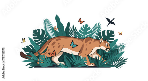 A cougar prowls through a vibrant jungle landscape with butterflies.