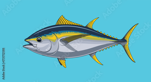 A detailed pixel art illustration of a yellowfin tuna swimming in clear blue water.