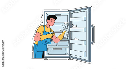 Cartoon Man Cleaning the Refrigerator with a Spray Bottle and Rag for Hygiene Maintenance and Fresh Food Storage