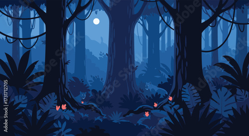 A mystical jungle bathed in moonlight with glowing flora illuminating the dark.