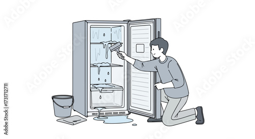 Illustration depicting a person diligently defrosting a refrigerator with meticulous attention to detail in a domestic setting