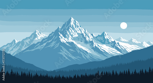 Pixel art snowy mountain range with pine trees and a bright sun.