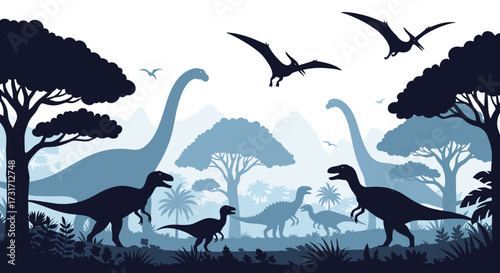 A prehistoric landscape filled with dinosaurs and pterodactyls.