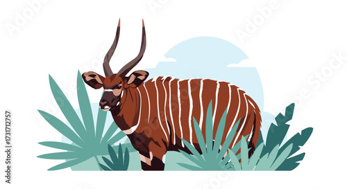An antelope with prominent spiral horns and distinctive reddish-brown coat with white stripes stands amidst lush green foliage in an illustration.