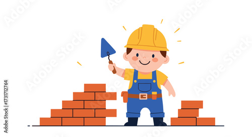 A happy little builder wearing a yellow hard hat and blue overalls is constructing a brick wall.