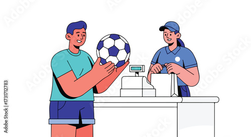 A young man purchases a soccer ball from a store clerk, showcasing a transaction with vector graphics in a retail setting