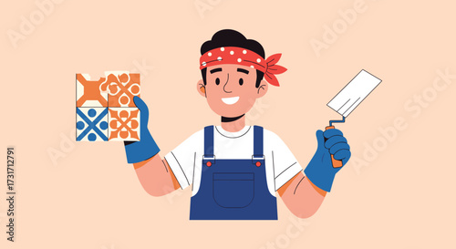 A smiling person holding tiles and trowel ready for tiling a home renovation project.