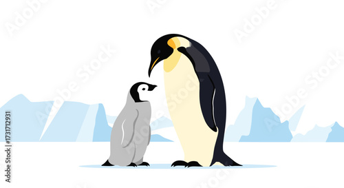 An emperor penguin with its fluffy chick on the ice.