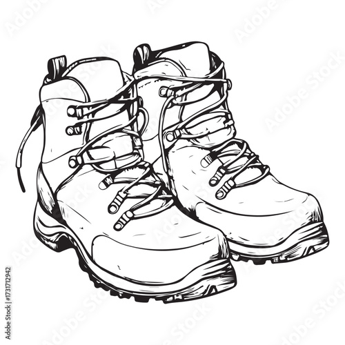 Black and white illustration of two pairs of combat boots on a white background 
