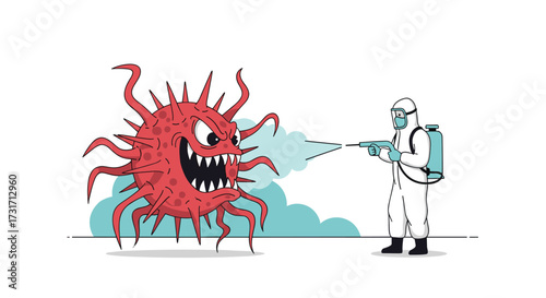 A person in a protective suit sprays a large virus.