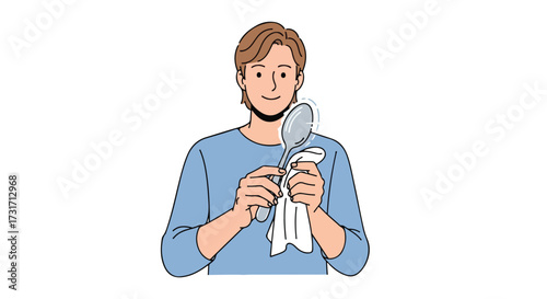 Diligent Individual Polishing Silverware with Soft Cloth for Spotless Shine and Utensil Upkeep in Pristine Kitchen Setting