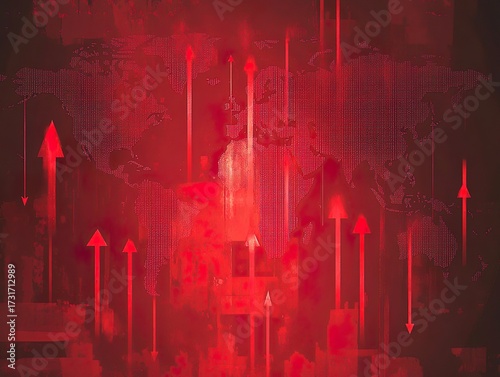 Abstract Red Background with Digital Data and Upward Growth Arrows