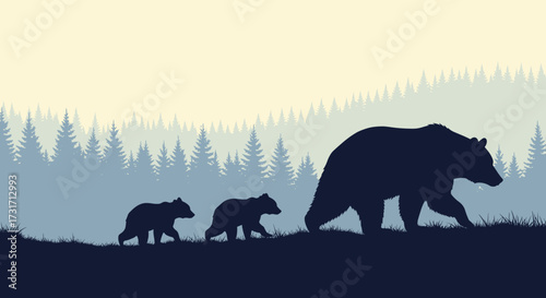 A family of bears walks through a forest at dawn.