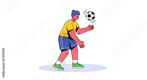 Illustrated young man wearing athletic attire playing or practicing juggling a soccer ball in a casual manner, showing a youthful lifestyle