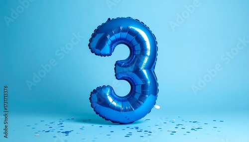Blue balloon number 3 with confetti on solid colored background. Photo for anniversary or birthday party
