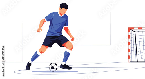 A digital illustration depicts a soccer player in action, focusing on precision dribbling during a game, set against a minimalistic white background