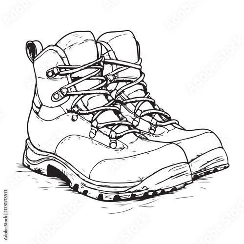 Black and white illustration of two pairs of combat boots on a white background 