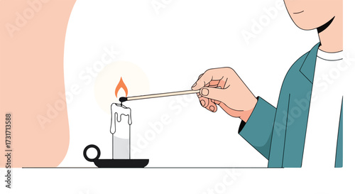 An illustration showcases a person delicately igniting a candle with a matchstick, symbolizing tranquility and contemplation through minimal design
