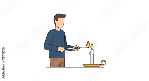 Man illuminating candle with burning match for mood lighting or celebration illustration