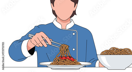 Illustration featuring a chef elegantly preparing a plate of spaghetti with fresh tomato sauce, showcasing culinary artistry in simple form