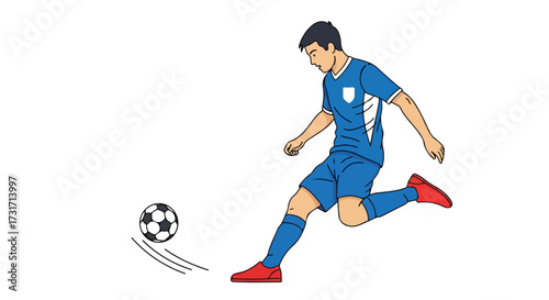 Dynamic Cartoon Illustration of a Soccer Player Kicking a Ball with Forceful Motion Displayed on a White Backdrop