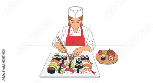 Dedicated sushi chef meticulously assembling and arranging vibrant sushi rolls with precision using traditional chopsticks at minimalist setting
