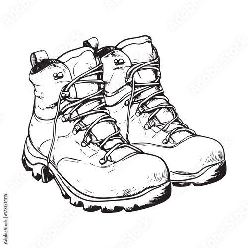 Black and white illustration of two pairs of combat boots on a white background 