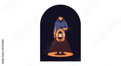 Isolated illustration of a hooded character holding a vintage lantern in a dark tunnel creating light, evoking adventure and mystery