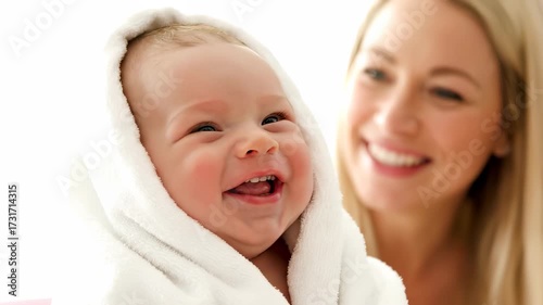 Baby wrapped in towel smile widely and laugh. Infant and newborn laugh and smile with expression. Mother hold child close and smile with emotion. Parent and family feel warm and happy and share laugh.