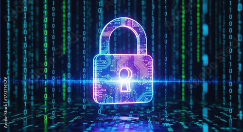 Glowing digital padlock with circuit board details sits against a backdrop of falling binary code representing cybersecurity and data protection