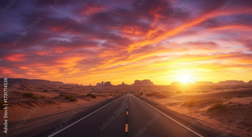 Fototapeta premium Scenic view of an empty highway disappearing into the vibrant sunset a landscape with dramatic colors