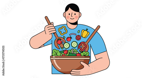 Enthusiastic home cook presenting a vibrant and healthy salad bowl with serving utensils, embodying the joy of nutritious eating and a balanced