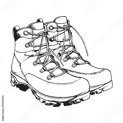 Black and white illustration of two pairs of combat boots on a white background 