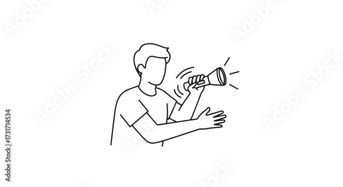A minimalistic monochrome illustration depicting a man amplifying his message via a megaphone for communication purposes