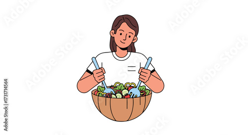 Woman preparing a fresh salad with bowl and utensils, focusing on healthy eating and wellness  illustration