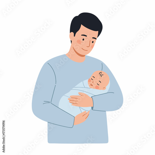Flat Style Illustration of Father Holding a Newborn Baby in Arms