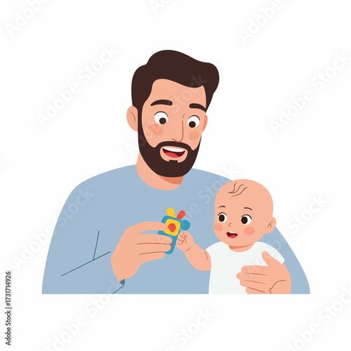 Simple Flat Illustration of a Father Holding His Baby Daughter Together