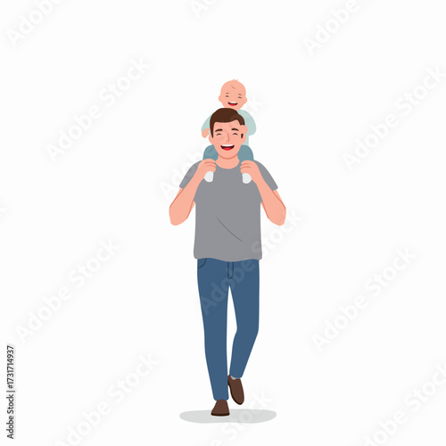 Flat Style Father Carrying Baby on Shoulders Walking Illustration