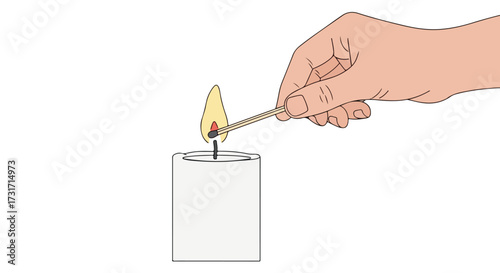 Hand igniting candle with wooden matchstick, creating a serene atmosphere and evoking sentiments of warmth and peacefulness with soft light and