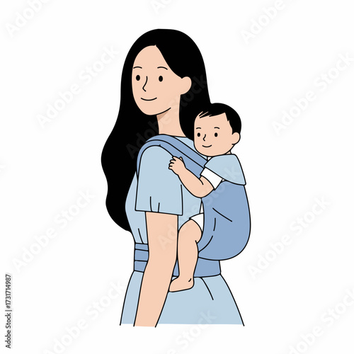 Flat Illustration Woman Carrying Her Baby with Baby Carrier in Blue Tones