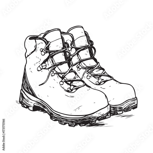 Black and white illustration of two pairs of combat boots on a white background 
