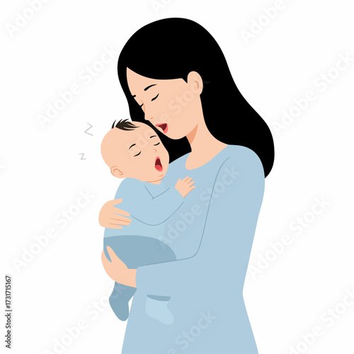 Flat Illustration Mother Hugging Baby Child Character Isolated on White