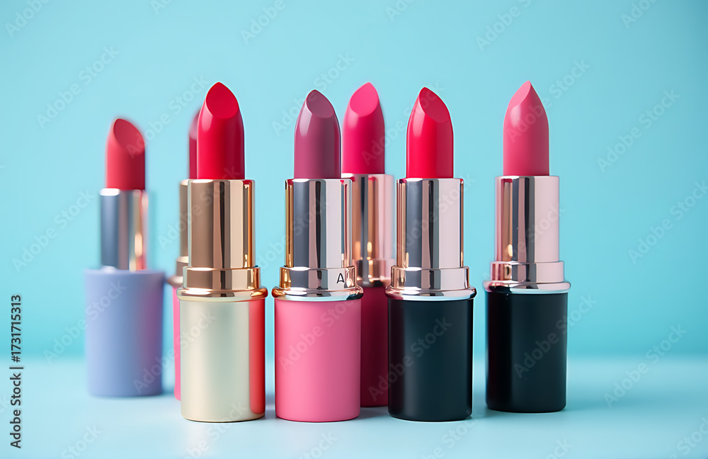 Fototapeta premium vibrant selection bright lipsticks bold colors arranged soft serene blue background capturing eye