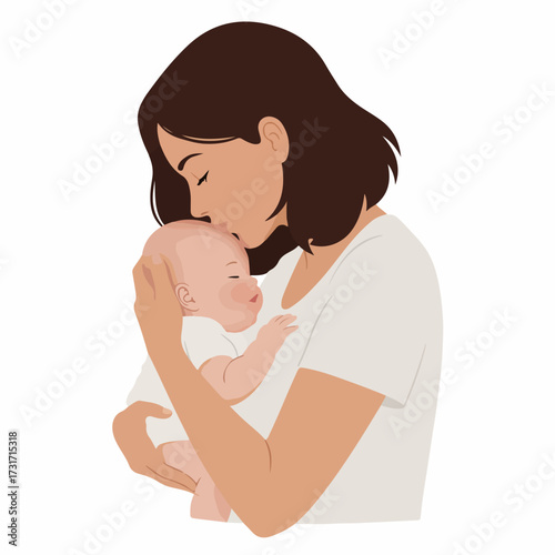 Gentle Flat Illustration Mother Tenderly Holding Her Newborn Baby Moment