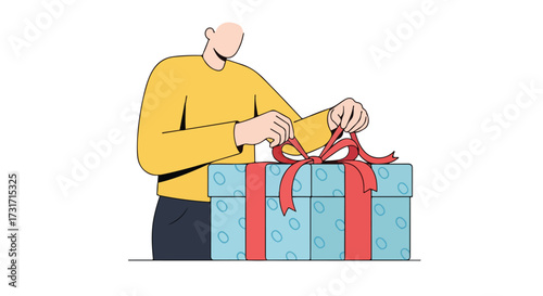 Illustration of a person unveiling a gift box with a red ribbon in a minimalist style art, showing the excitement of gifts and joyful moments