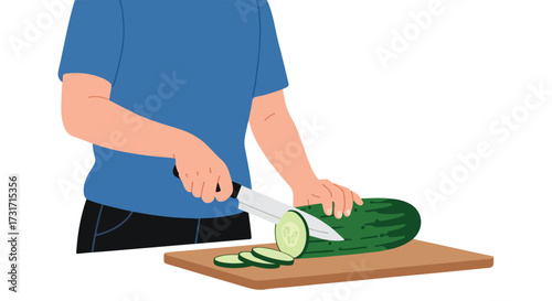 Illustration of slicing a cucumber on a wooden cutting board with a kitchen knife for healthy cooking and eating at home with fresh vegetables