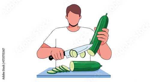 Illustration of a faceless individual skillfully slicing cucumbers, showcasing culinary precision and fresh ingredient preparation in a minimalist