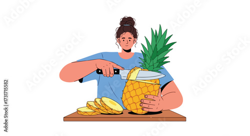 Pineapple preparation: A woman slices a fresh pineapple on a wooden cutting board for a healthy snack full of vitamins
