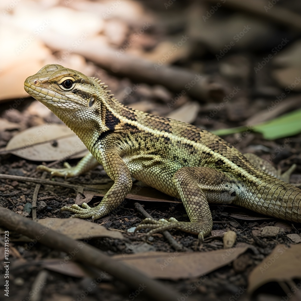 Naklejka premium Closeup of Sri Lankan Kangaroo Lizard perched on a tree trunk, textured brown and green scales blending with bark, sharp eye focus, strong hind legs, shallow depth, high detail.
