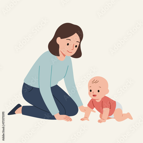 Cute Cartoon Woman and Baby Playing Together on the Floor Illustration